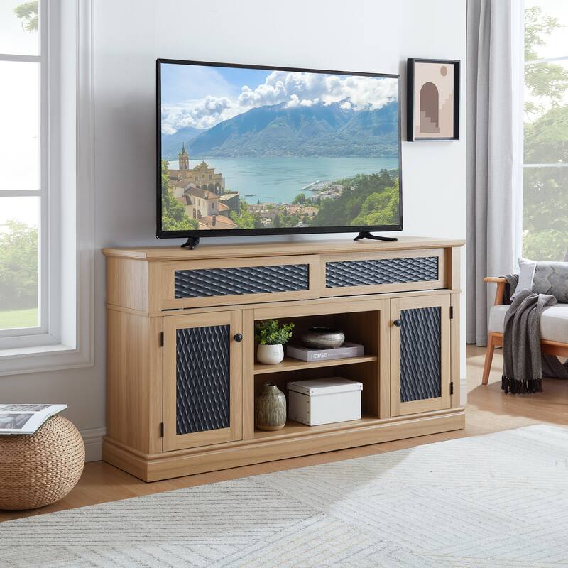 Embossed Pattern TV Stand, TV and Media Console with Open and Closed Storage Space and sliding door