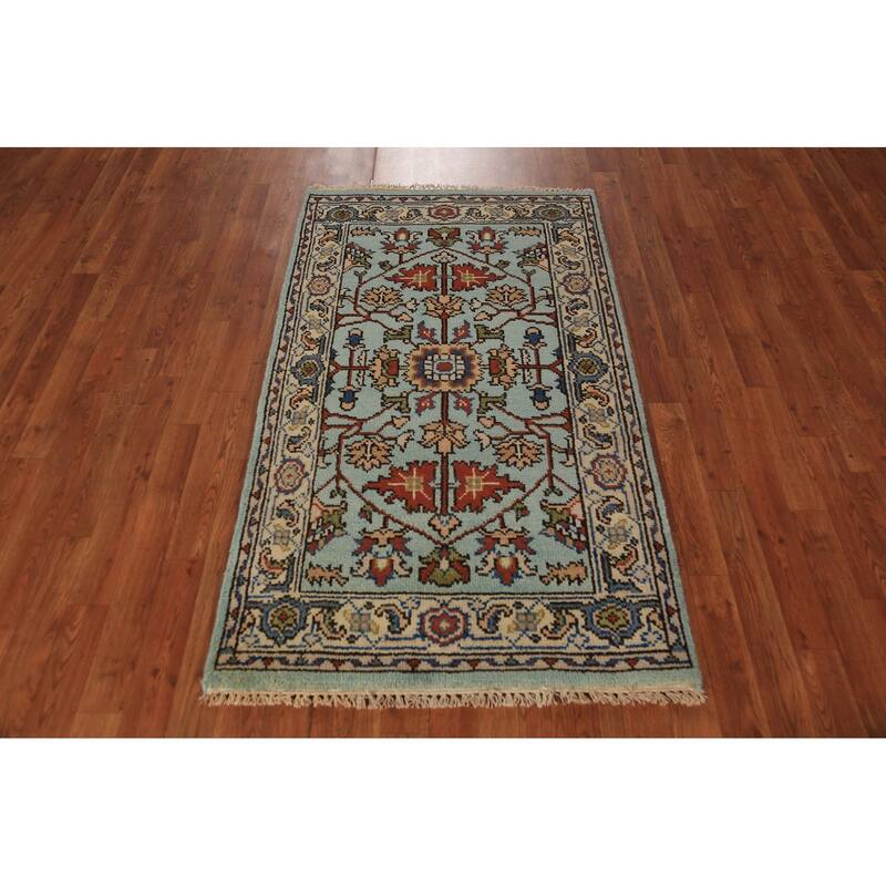 Light Blue Oushak Indian Foyer Rug Handmade Wool Carpet - 2'11"x 5'1"