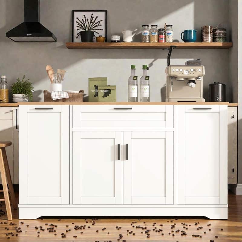 Multi-Functional Storage Sideboard & Extendable Dining Table with Adjustable Shelves, 3-Tier Pull-Out Rack