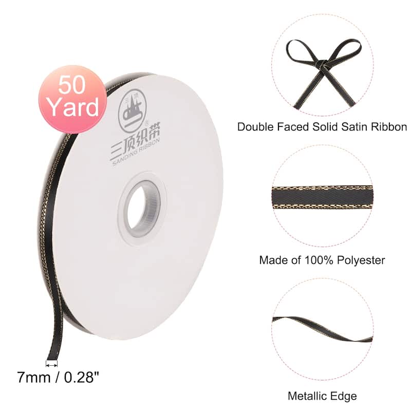 50 Yards Satin Ribbon Polyester with Gold Edge for Gift Decoration, 1 Roll - Black,Gold Edge