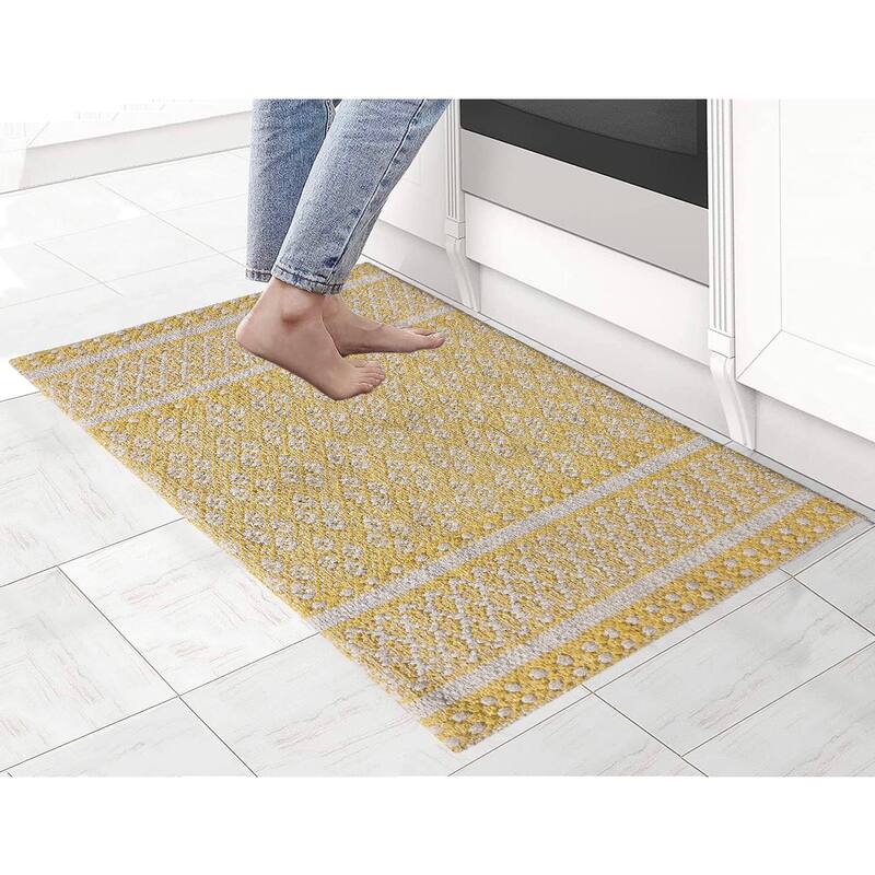 Woven Cotton Anti Fatigue Cushioned Kitchen | Doormat | Bathroom 18" x 30" Mats With Foam Backing Anti Slip - 18''x30'' - Spain Mustard