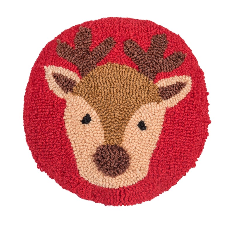 Mini Round Reindeer Hooked Pillow