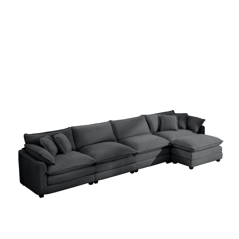 L Shape Modular Sectional Sofa Set with Ottoman, 4 Seater Corduroy Upholstered Couch with Removable Armrests for Livingroom - Grey