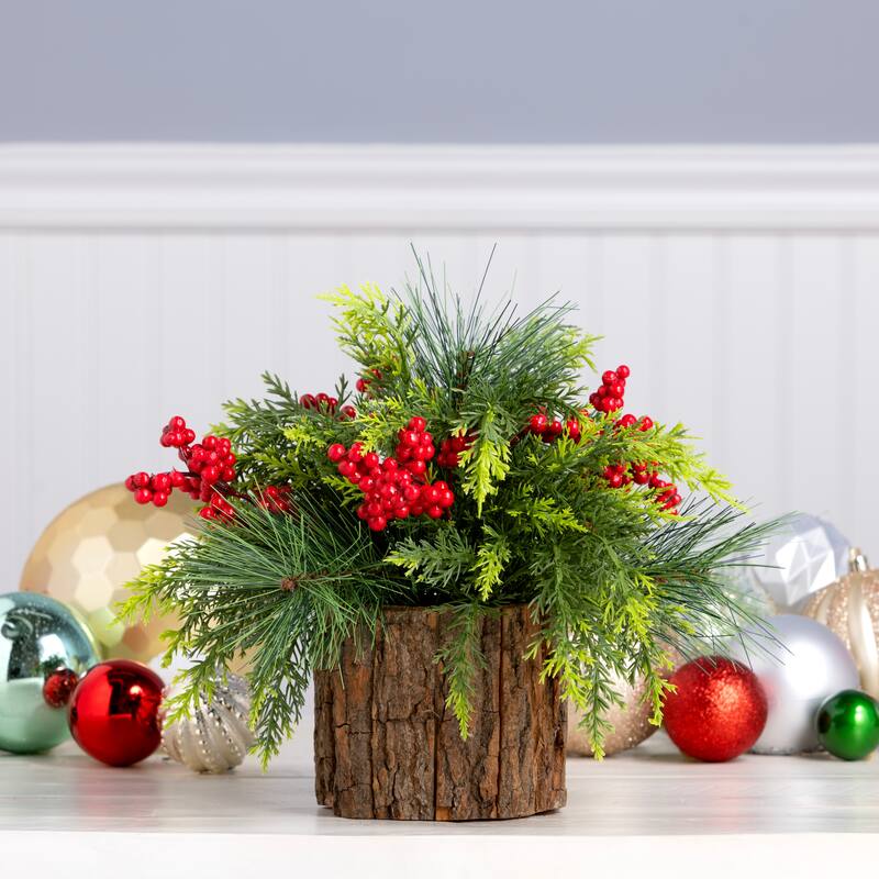 National Tree Company 11 in. Artificial Feel Real Christmas Classic Greenery in a Wood Pot with Red Berries and Cypress Tips