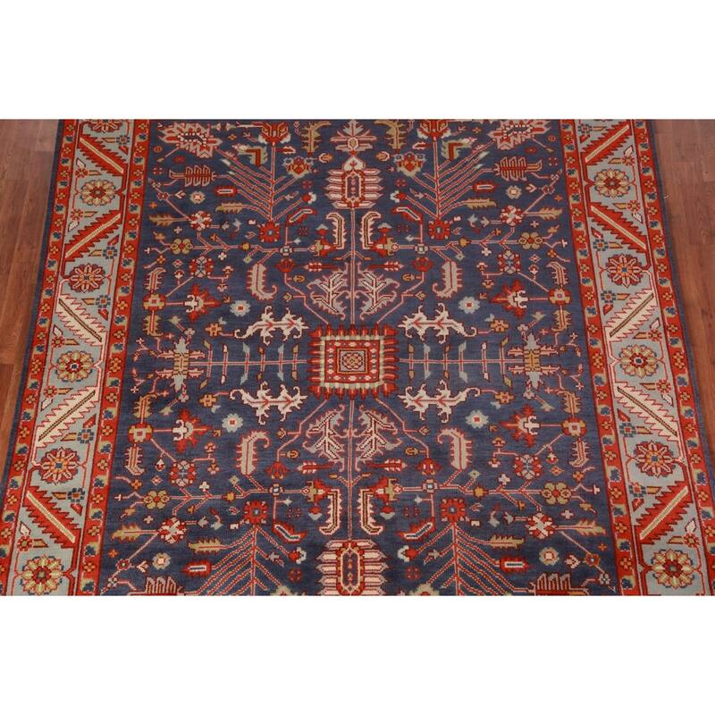 Hand Knotted Oriental 100% Wool Carpet Transitional All-Over Navy Blue & Blues Oushak Area Rug - 9' 11'' X 7' 9''