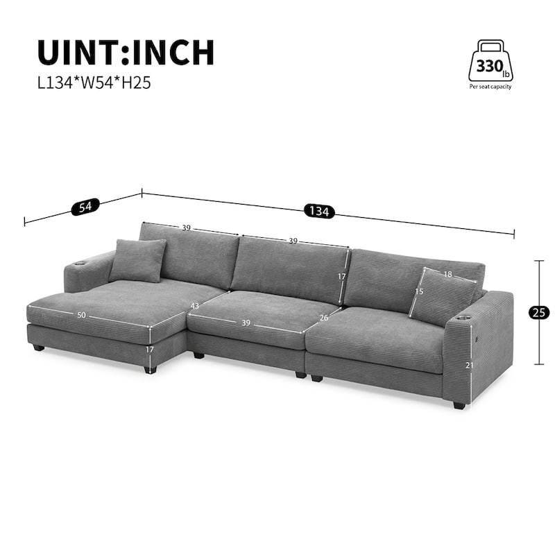 134"*54"Oversized Corduroy Sectional Sofa,L Shaped Cloud Couch - Grey