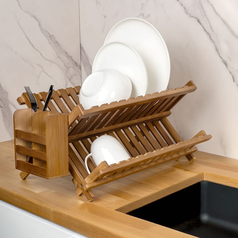Arlen Farmhouse Foldable 2-Tier Dish Drying Rack with Detachable Utensil Holder