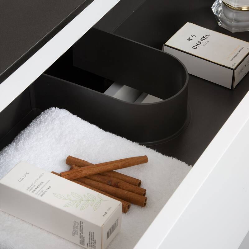 Wall-Mounted Bathroom Vanity Set in White with Black Quartz Top and Integrated Sink