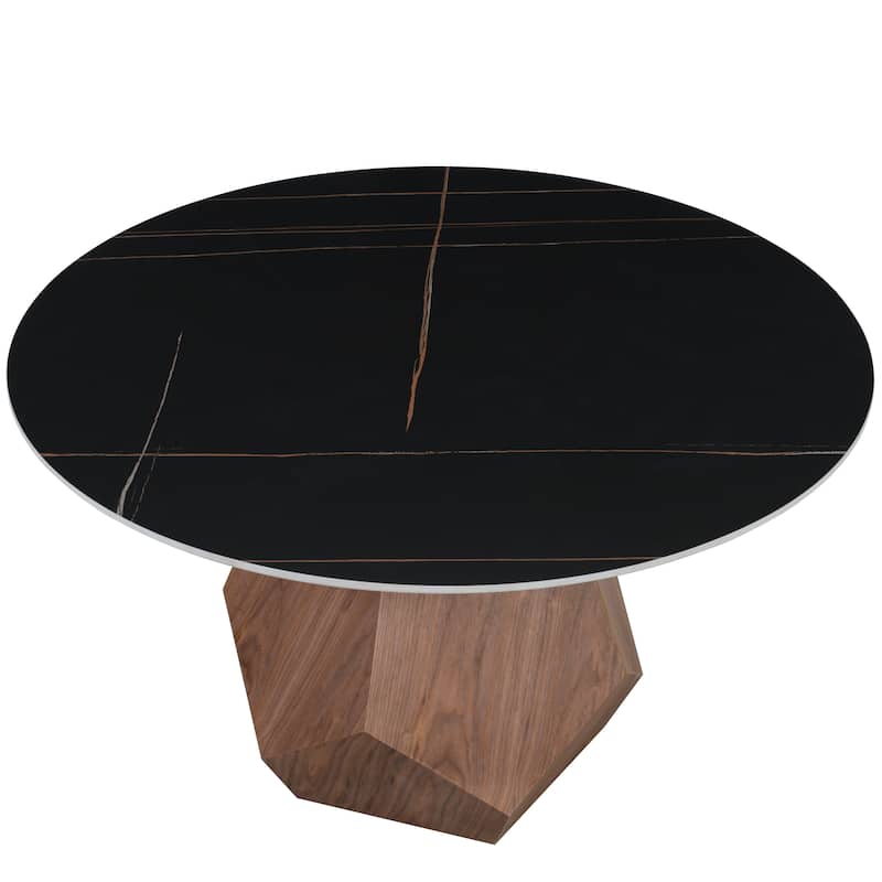 Nebo Round 47" Tempered Glass or Sintered Stone Top Dining Table with Geometric Design Ashwood Pedestal Base Kitchen Table
