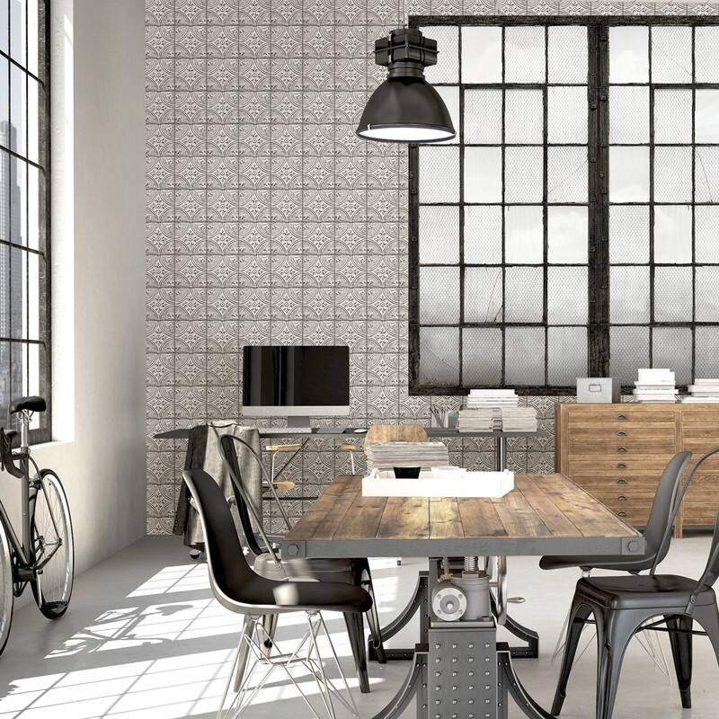 Brewster Houston White Tin Tile Wallpaper - 20.5in x 396in x 0.025in