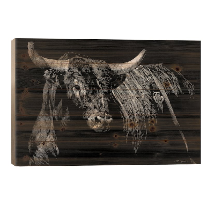 Brindle Rodeo Bull Print On Wood by Julie T. Chapman - Multi-Color - 26x40x1.5
