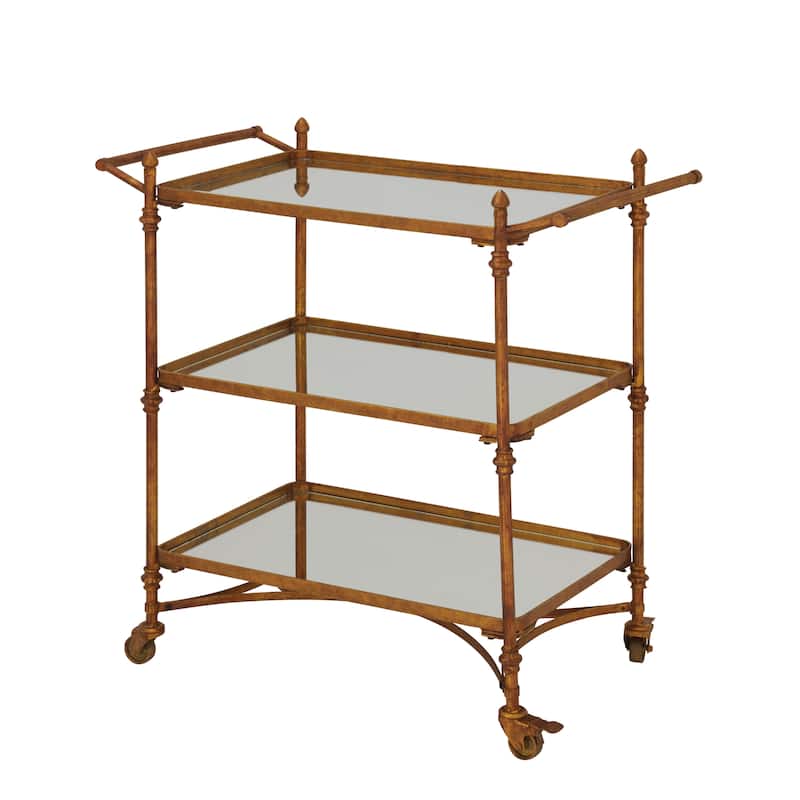 Metal Rolling 3 Mirrored Shelves Bar Cart with Handles - Brass - Roche River Decor - 18"W x 35"L x 33"H