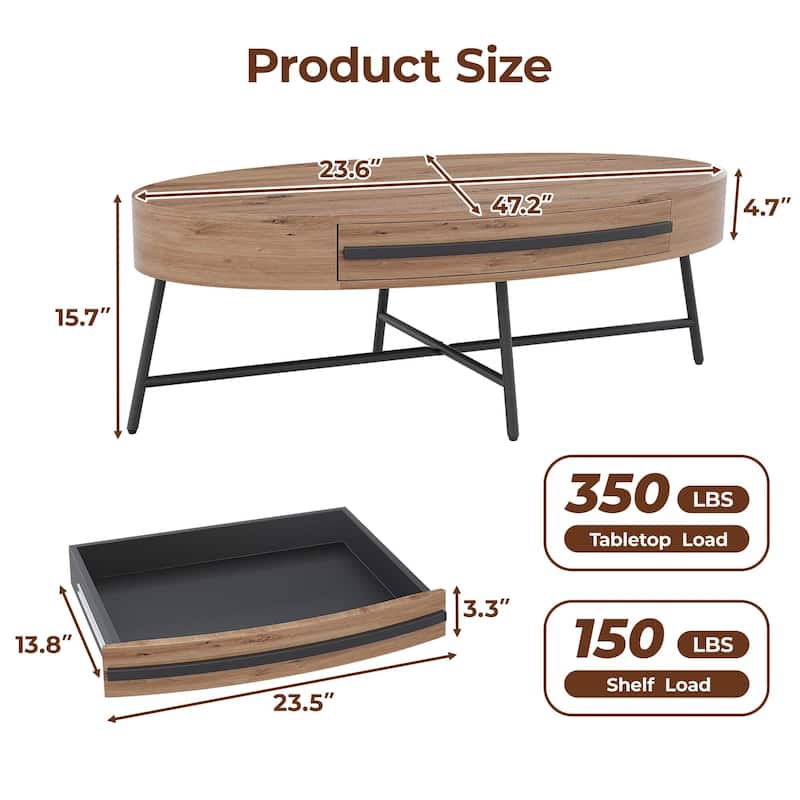 Oval Coffee Table with Drawer, 47.2" Mid-Century Modern Center Table, Wooden Coffee