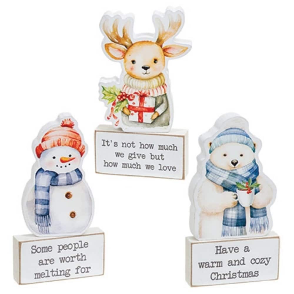 2/Set Cozy Woodland Friend Wooden Sitter and Block-3 Asstd. - 4” x 3” x 0.75”