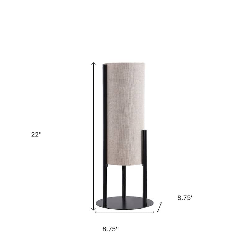 Black Metal Bedside Lamp with Beige Linen Cylinder Shade and Inline Switch - 8.75” x 8.75” x 22” (D x W x H)