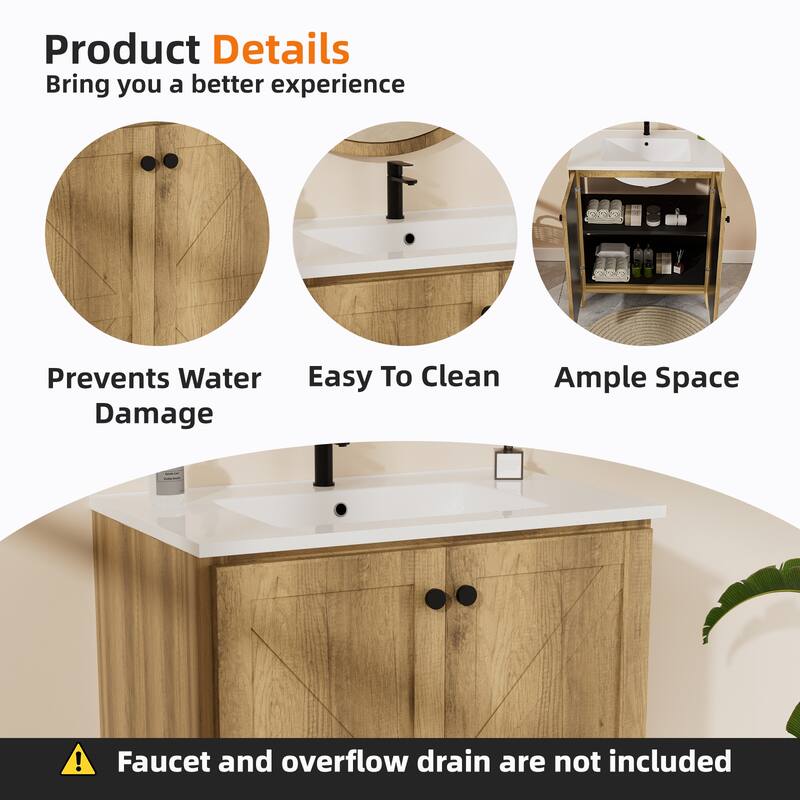 30inch Folding Floor Cabinet With Ceramic Sink- Patented 1-Minute Install, Space-Saving & Easy Assemble
