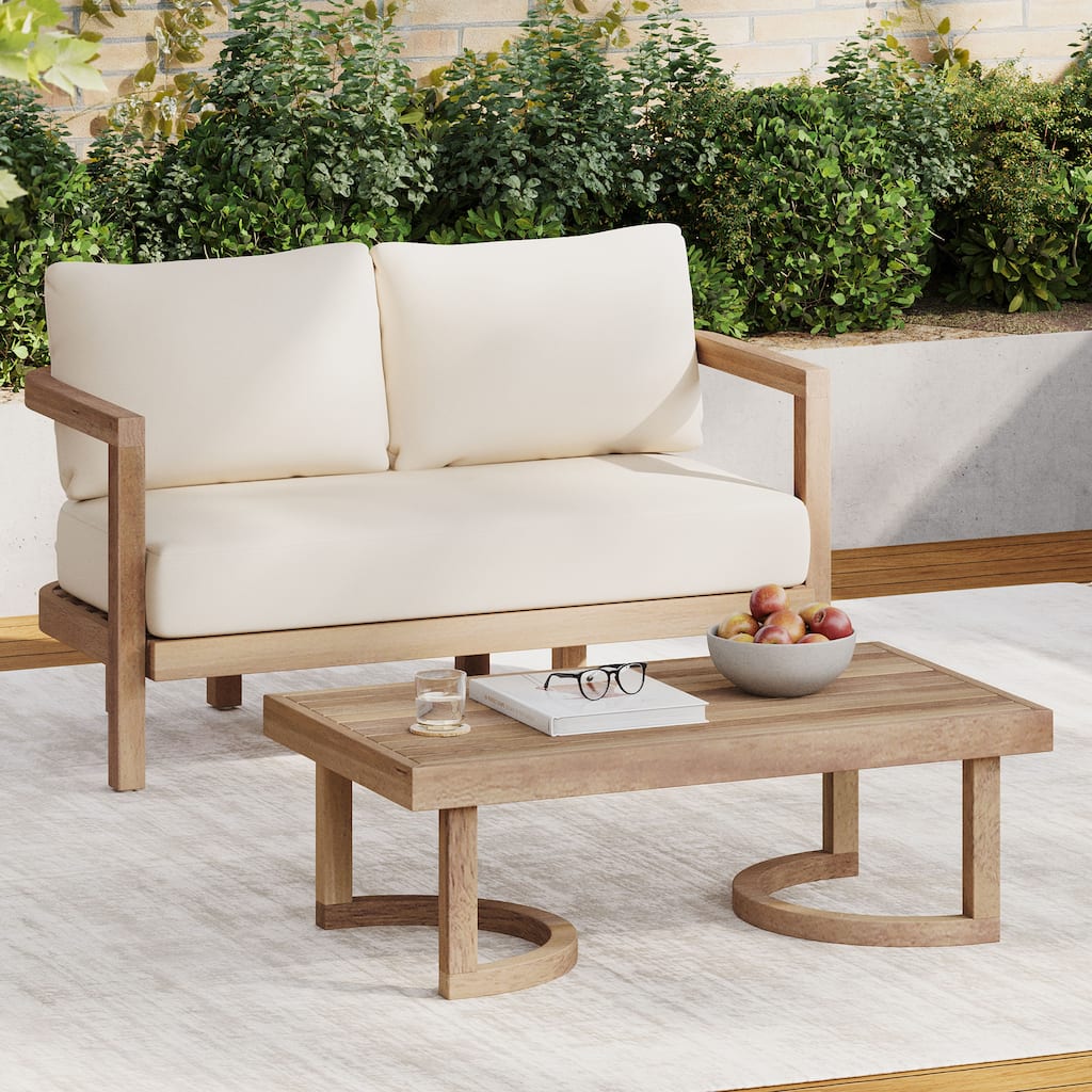 Wichita Outdoor Acacia Wood Transitional Loveseat and Coffee Table with Cushions by Christopher Knight Home