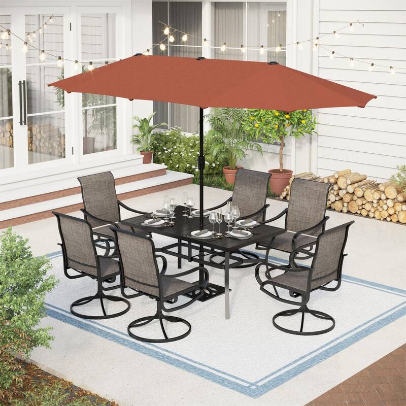 MAISON ARTS 7-piece Patio Dining Set with Textilene Swivel Chairs - +Red Umbrella