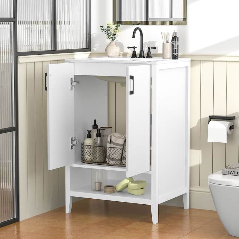 24" Freestanding Bathroom Vanity with Ceramic Sink, 2-Door Storage - White