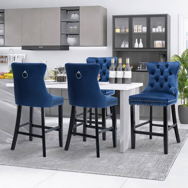 Wing Back Velvet Tufted Nailhead Barstools(Set of 6) - Navy Velvet Set of 4