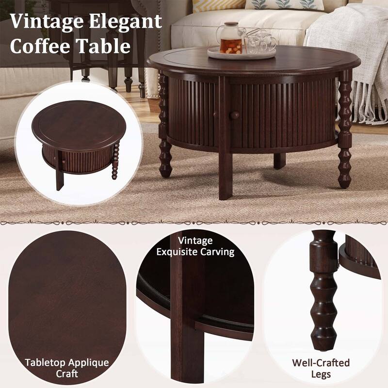 Mid Century Modern Slatted Design Coffee Table with Storage,for Small Living Rooms