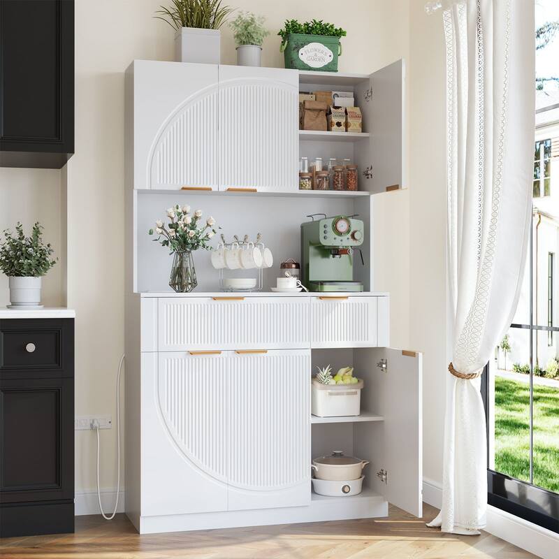 Fluted Kitchen Pantry Storage Cabinet with Microwave Stand, Outlets, Ample Space for Small Kitchens, Apartments & Home Offices - White