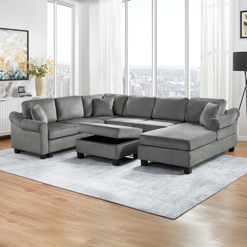 111.8" U-Shaped Chenille Upholstered Sectional Sofa with Movable Storage Ottoman - Dark Grey