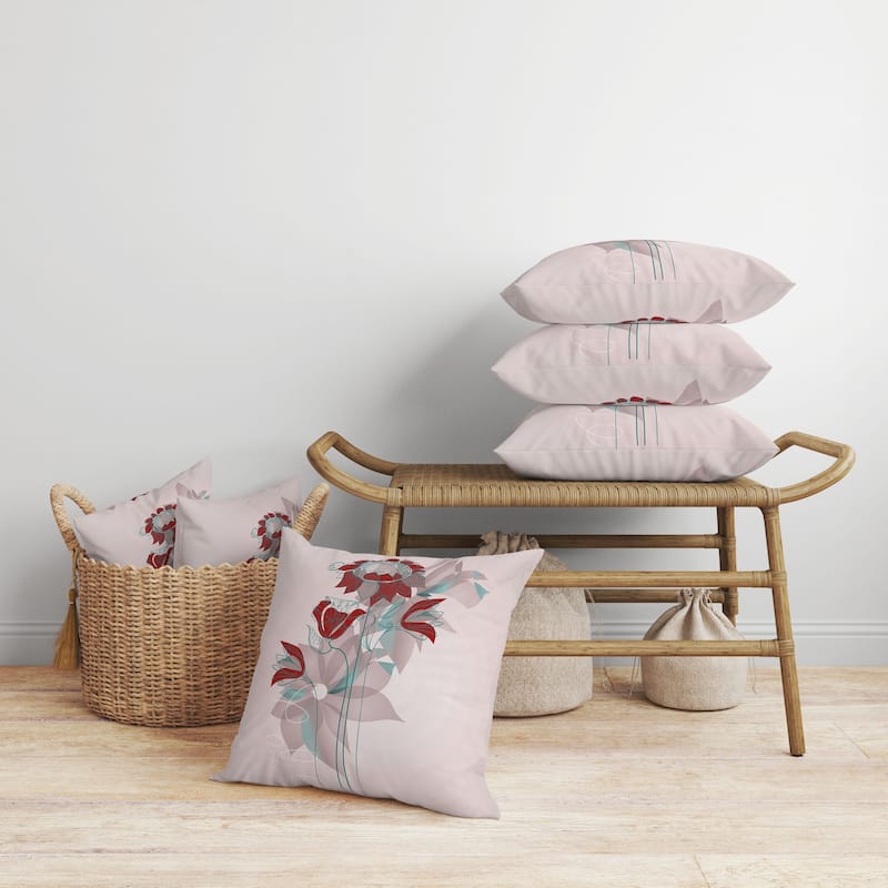 Flowers Line Art Faux Suede Reversible Throw Pillow Pink and Red