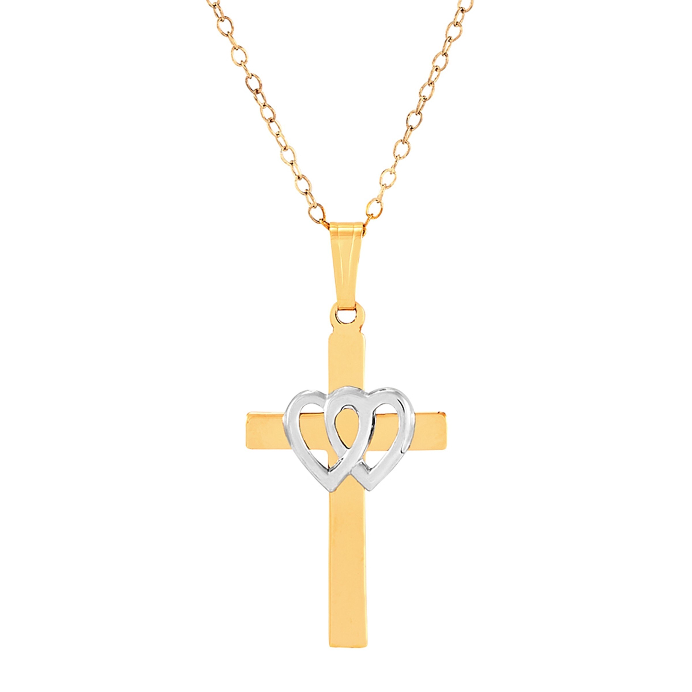 14K Two-Tone Gold Charm Pendant 25 mm 16 Yellow Rhodium Plated Diamond-Cut Cross With Heart