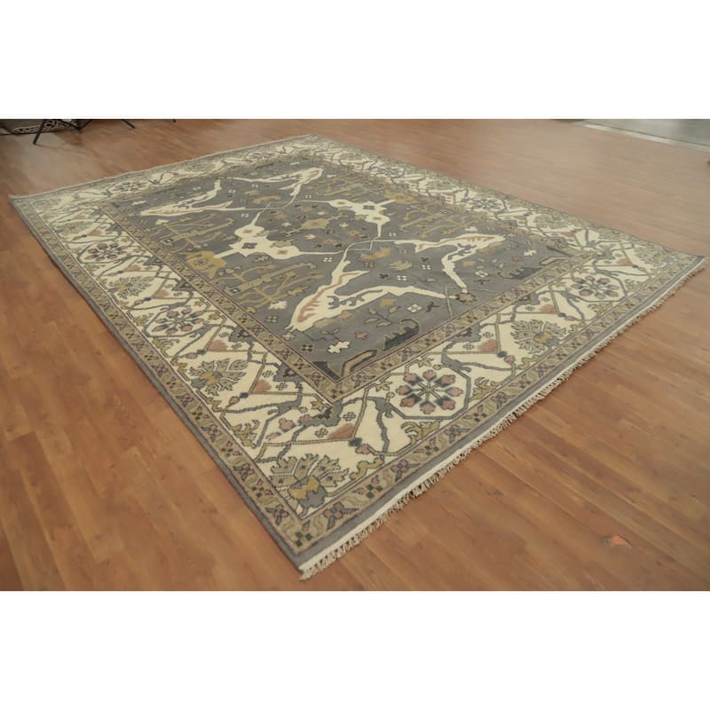 Handmade Gray Oushak Indian Area Rug Geometric Carpet - 11' 9'' X 9' 0''
