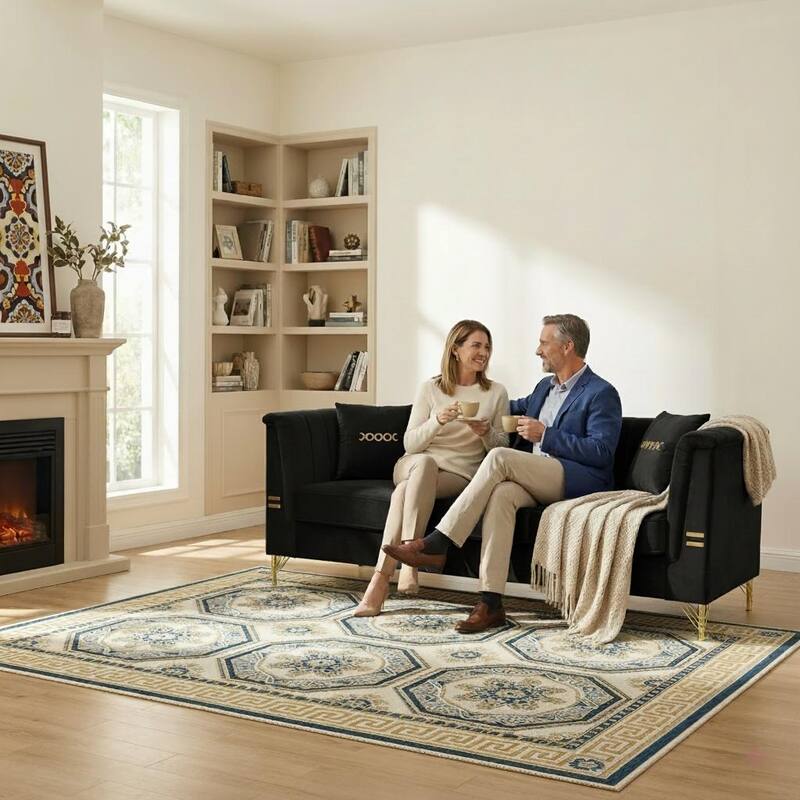 Chesterfield Velvet Button Tufted Sofa, Luxury 3-Seater Couch with 2 Pillows