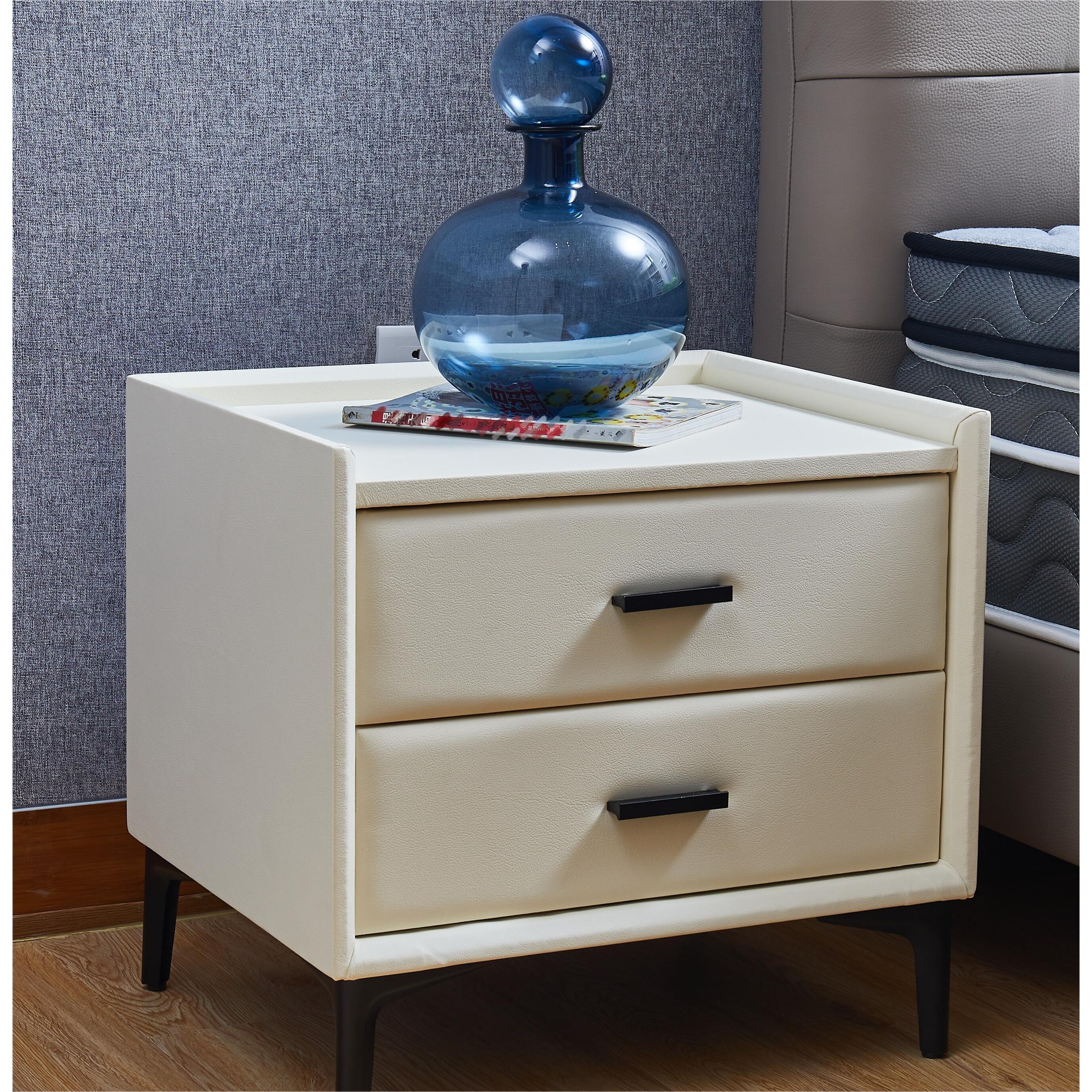Beige Double Drawers Nightstand, End Table with Storage
