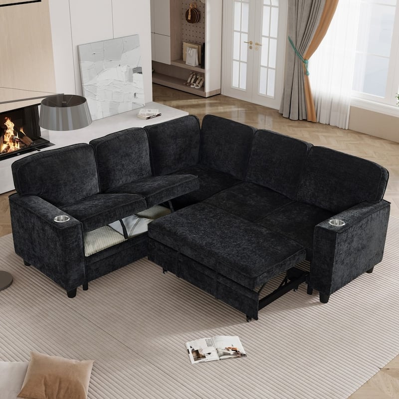 Modern L-shape Sectional Sofa Couch with Pull Out Sofa Bed Storage Seat and USB - Black