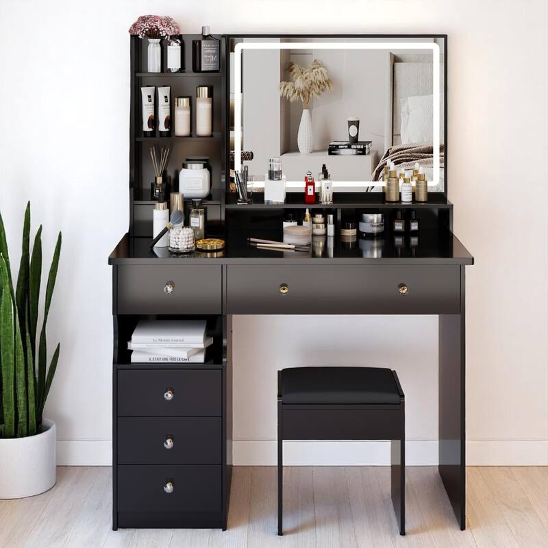 Modern Makeup Vanity Table with 27"x20" Lighted Mirror, 41" Wide Desktop, Left Drawer and Stool, Ideal for Large Rooms - Black
