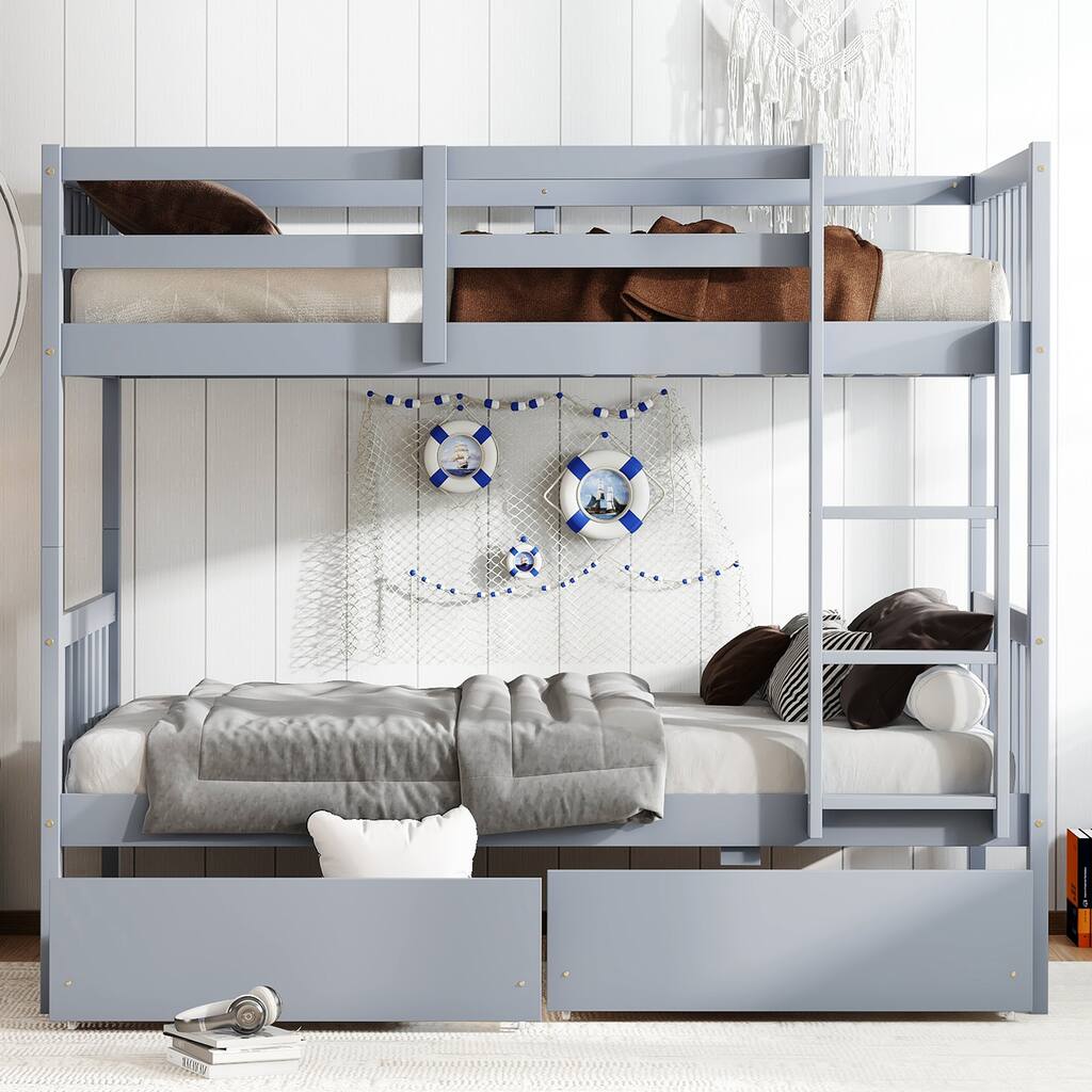 Roomfitters Twin Over Twin Rubber Wood Bunk Bed with Underbed Storage, Convertible to 2 Twin Beds, Ladder & Guardrails