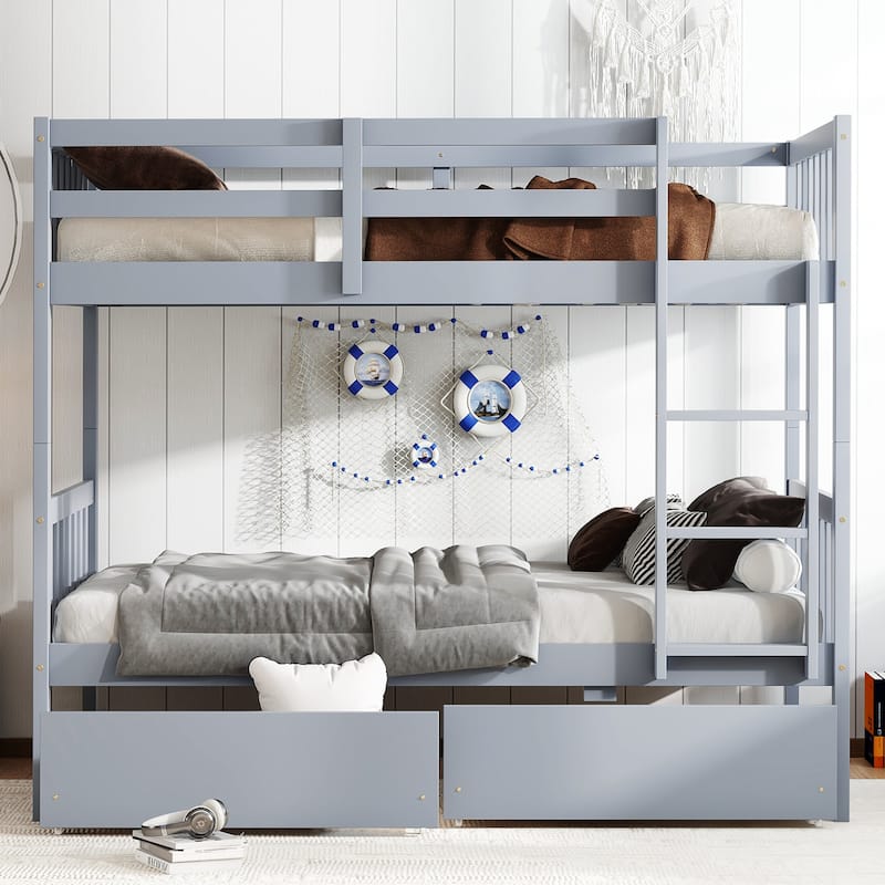 Twin Over Twin Rubber Wood Bunk Bed w/ 2 Drawers, Convertible into 2 Twin Beds w/ Ladder & Safety Guardrails, Grey