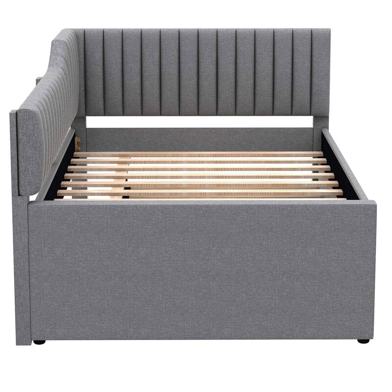Upholstered Linen Bed Frame, Full Size Daybed with Pull-out Trundle and Storage Three Drawers for Bedroom/Apartment