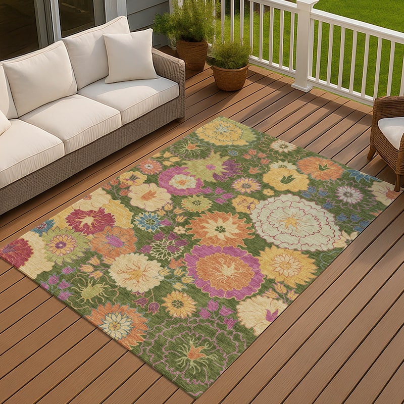 Machine Washable Indoor/ Outdoor Modern Floral Chantille Rug - Aloe - 2'6" x 3'10"