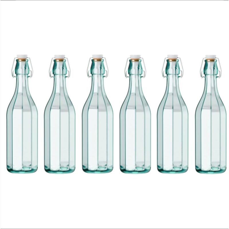 Amici Home Faceted Hermetic Glass Bottle, 9 Oz - Set of 6 - 9 Oz - Green/Clear - 9 Oz