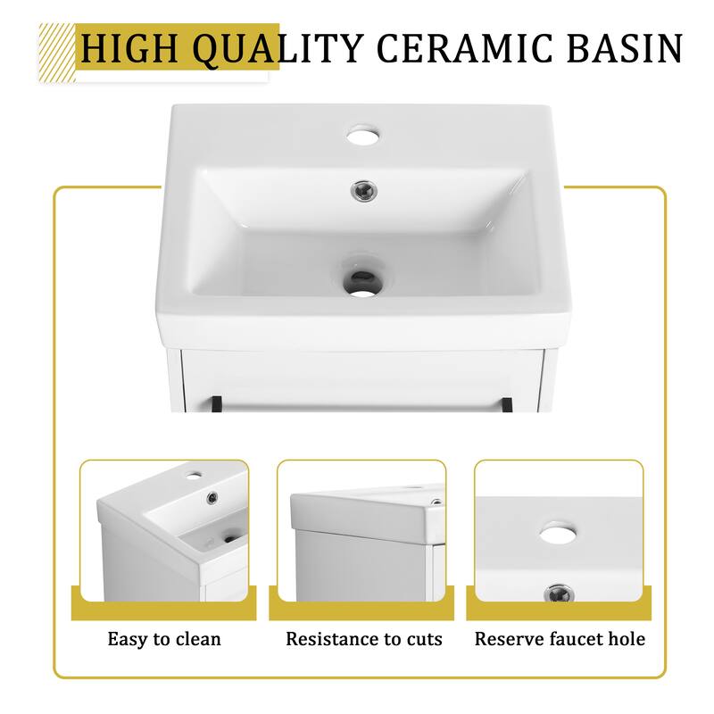 18'' Wall-Mounted Bathroom Vanity with Ceramic Sink, Soft-Close Door, and Storage for Small Spaces