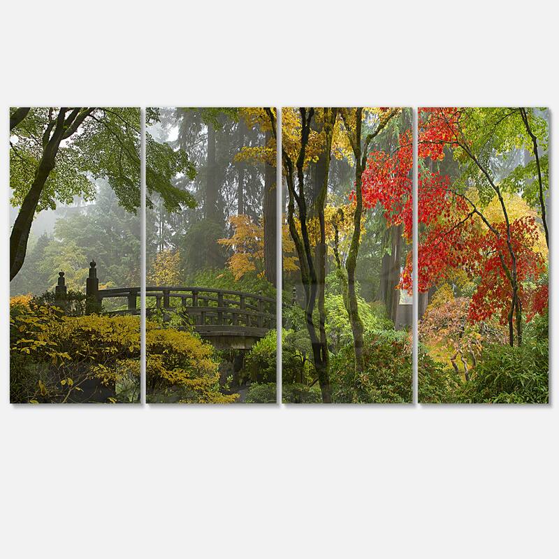 Designart 'Japanese Wooden Bridge in Fall' Photo Metal Wall Art - 48 in. wide x 28 in. high - 4 panels