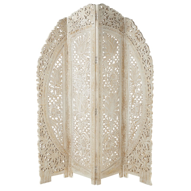 Wood Floral Handmade Foldable Arched 4 Panel Room Divider Screen with Intricately Carved Designs - White - Roche River Decor