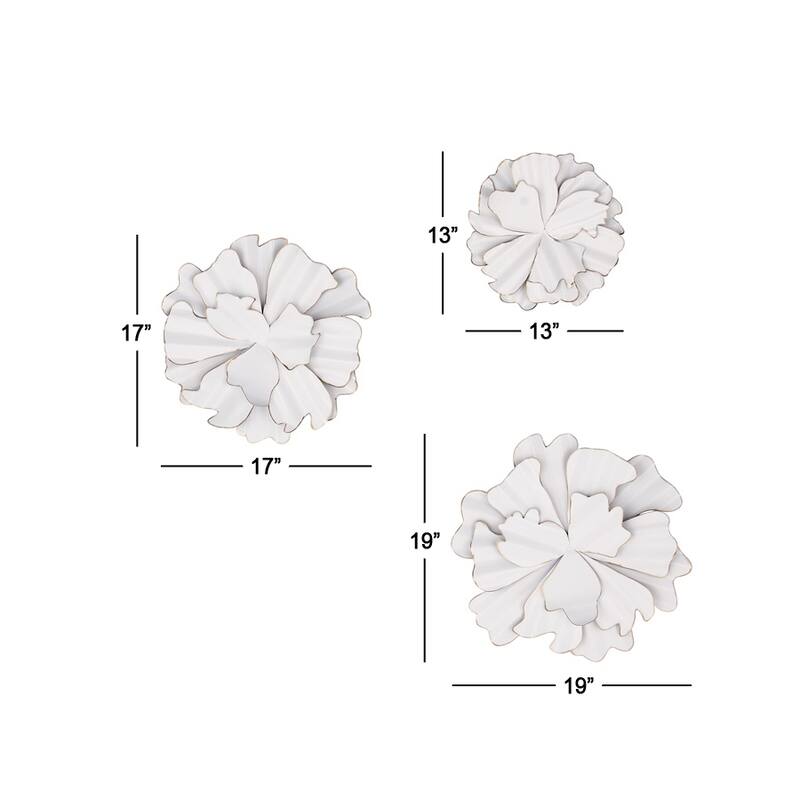 White Metal 3D Floral Home Wall Decor with Gold Edges (Set of 3)