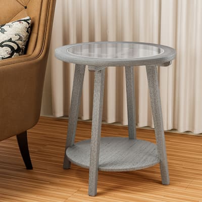 SUNBURY Solid Wood Tempered Glass Side Table with Storage Shelf