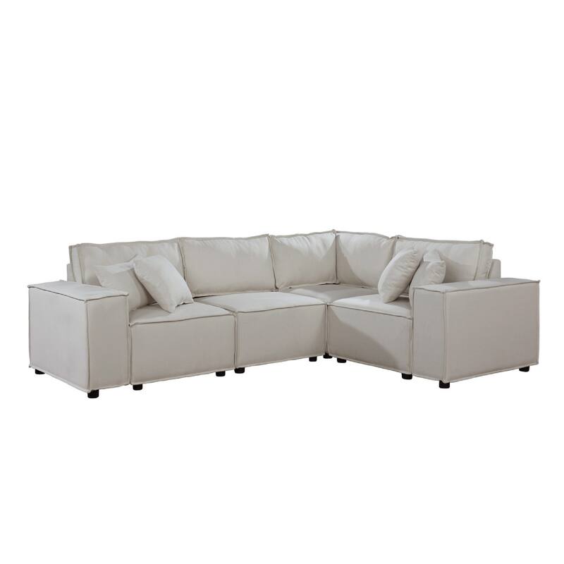 Melro Modular Sectional Sofa w Ottoman, 5 Pillow, Beige Linen 99 Inch
