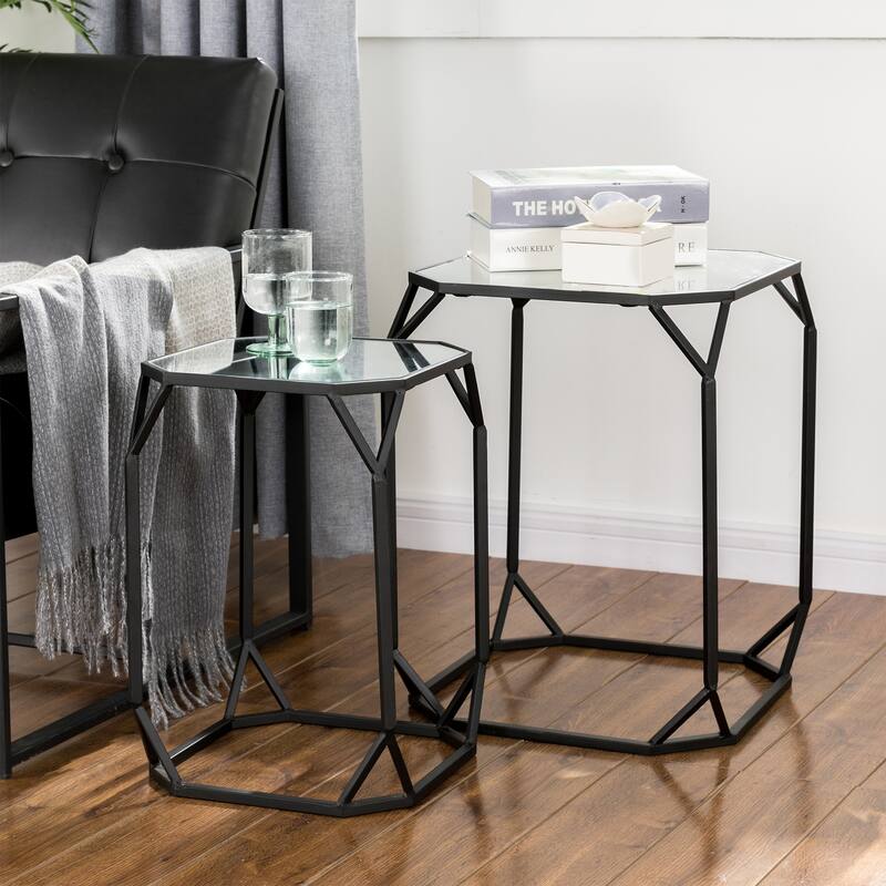 Glitzhome Modern Metal Glass Accent Table Nesting Side Table(Set of 2)