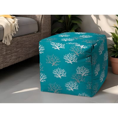 HomeRoots 17" Turquoise White and Gray Polyester Cube Coral Outdoor Pouf Ottoman - 17' X '17' X '17