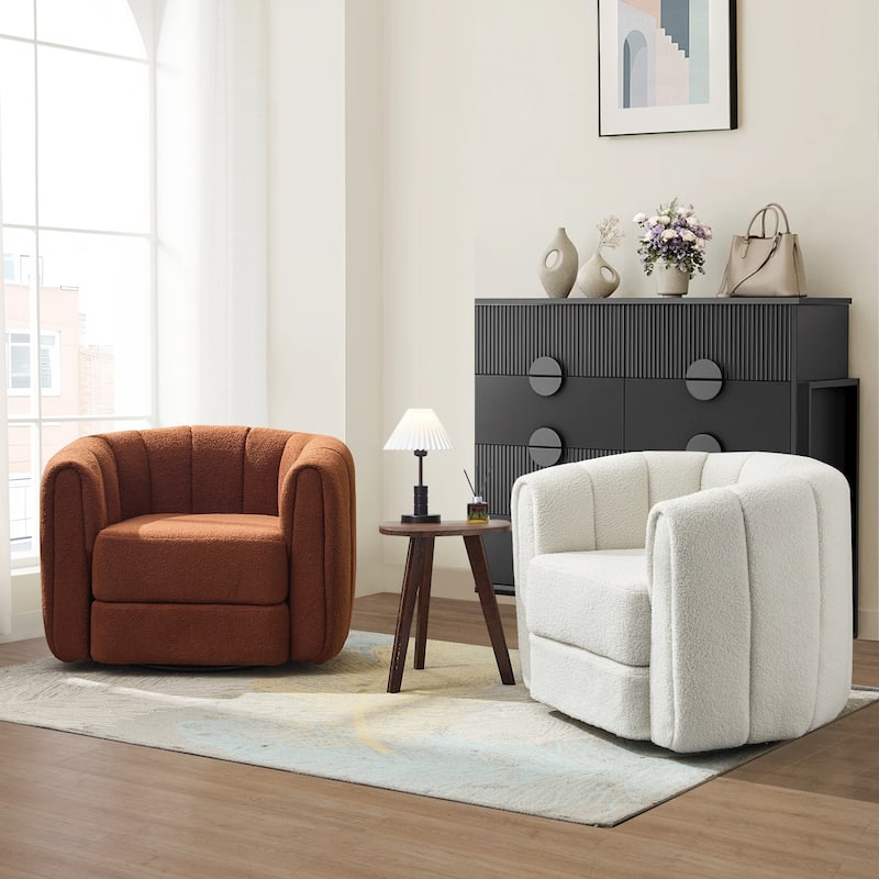 GDFStudio - Elodie Wide Teddy Swivel Armchair with Wooden Side Base, Modern Comfy Accent Chair
