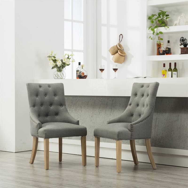 Set of 2 Tufted Button Wingback Chairs with Nailheads and Wood Legs - Light Grey