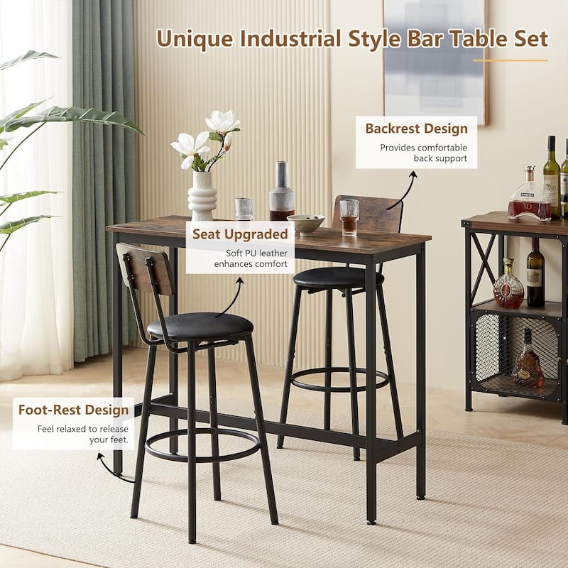 3 Pieces Bar Table and 2 Chairs Set, Industrial Style Bar Stools PU Upholstery Seat with Backrest